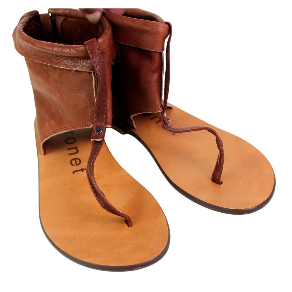 Porronet BROWN REAL LEATHER OPEN TOE ZIP FLAT SLINGBACK SANDALS SHOES Size 37 - Picture 5 of 11